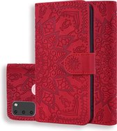 Voor Galaxy M30s Kalfpatroon Mandala Dubbel opvouwbaar ontwerp Reliëf lederen tas met portemonnee en houder en kaartsleuven (rood)