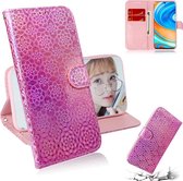 Voor xiaomi redmi note 9 pro effen kleur kleurrijke magnetische gesp horizontale flip pu lederen case met houder & kaartsleuven & portemonnee & lanyard (roze)
