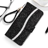 Voor Huawei P40 Lite E Glitter Poeder Horizontaal Flip Leren Case met Kaartsleuven & Houder & Lanyard (Zwart)