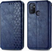 Voor One Plus Nord N100 Cubic Grid Pressed Horizontal Flip Magnetic PU Leather Case met houder & kaartsleuven & portemonnee (blauw)