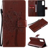 Voor Samsung Galaxy S20 FE 5G / S20 Lite Tree & Cat Pattern Pressed Printing Horizontale Flip PU Leather Case met houder & Card Slots & Wallet & Lanyard (Coffee)