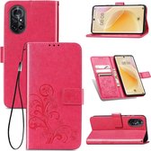 Voor Huawei Nova 8 vierbladige gesp reliëf gesp mobiele telefoon bescherming lederen tas met lanyard & kaartsleuf & portemonnee & beugel functie (magenta)