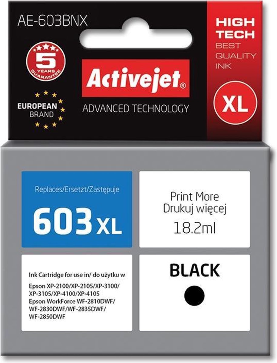 ActiveJet AE-603BNX-inkt voor Epson-printer, Epson 603XL T03A14 Vervanging; Opperste; 18,2 ml; zwart.
