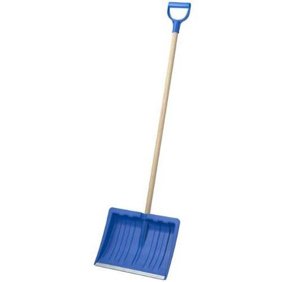 Blauwe sneeuwschep met een D-vormig handvat en een aluminium rand.