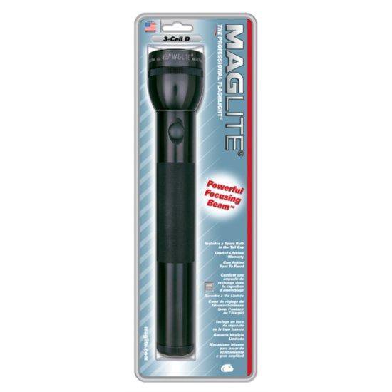 Zwarte Maglite "3-Cell D" zaklamp in verpakking met tekst "Powerful Focusing Beam".