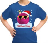 Foute kerst shirt / t-shirt coole roze kerstbal christmas party blauw voor kinderen - kerstkleding / christmas outfit L (140-152)