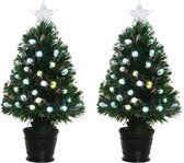 2x Groene glasvezel kunstkerstbomen 90 cm met LED lampjes - kleine kerstbomen