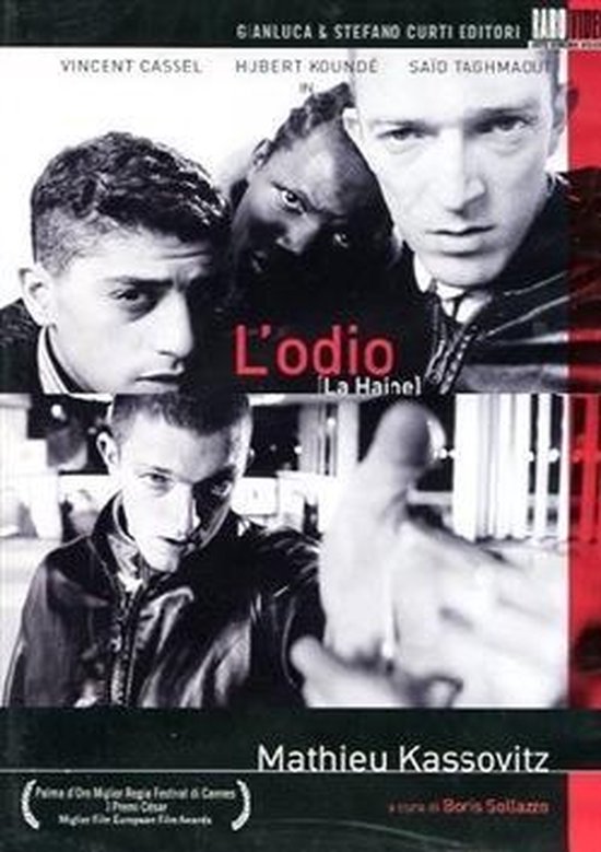Drie mannen, L' odio (La Haine) op de filmposter. Vincent Cassel, Hubert Koundé en Saïd Taghmaoui.