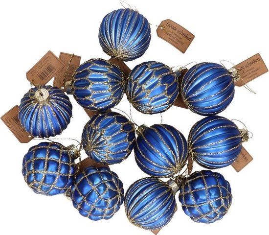 12x Blauwe glazen kerstballen met gouden decoratie 8 cm - Kerstboom... |  bol.com