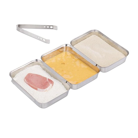 BORDEAG Paneerschalenset 3-delig, GN 1/3 container met deksel, roestvrijstalen schalen, paneerset voor karbonades, gastronomische containers, ideaal voor paneermeel, 32,5 x 17,5 x 6,5 cm (1/3