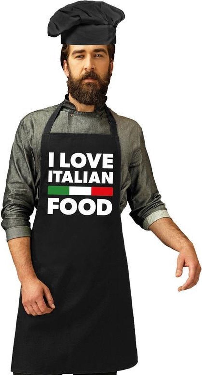 I love Italian food keukenschort met koksmuts zwart voor heren