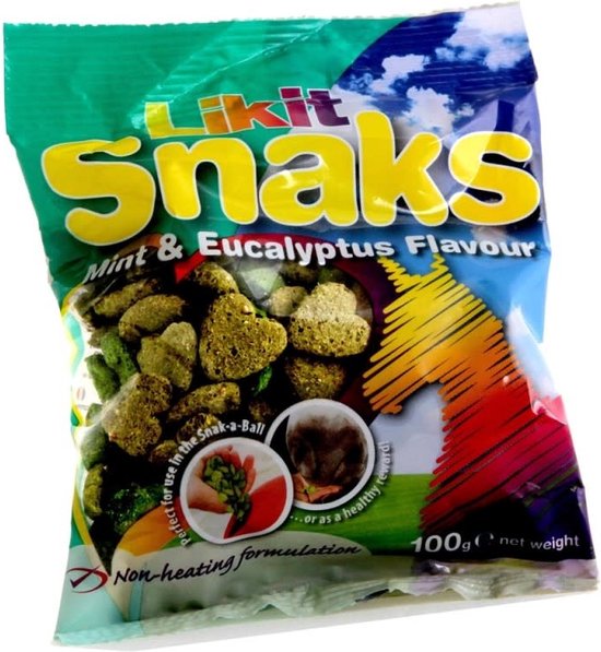 Zak LikiT Snacks, munt & eucalyptus smaak. Groene en blauwe zak met gele letters, gevuld met groene, hartvormige snoepjes.