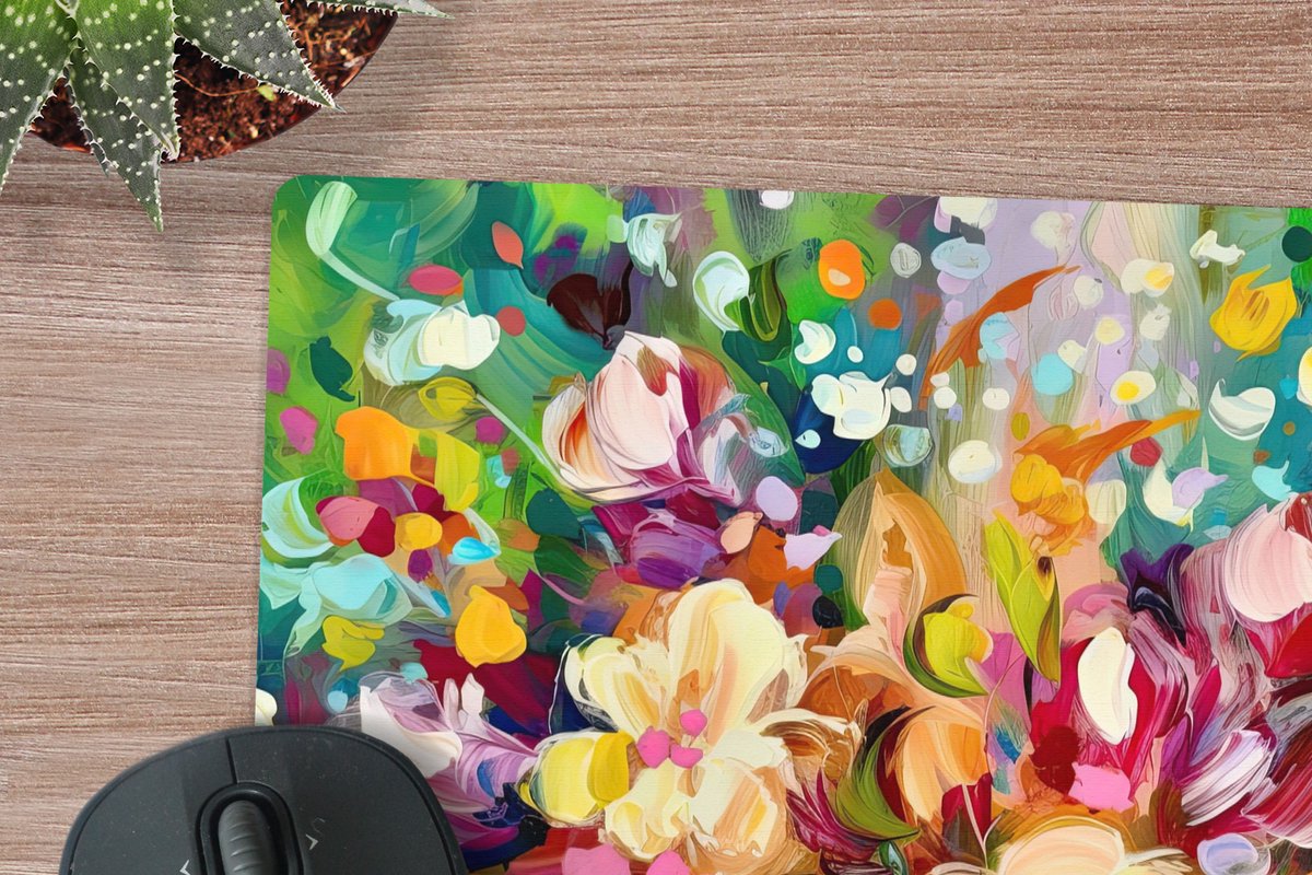 Muismat XXL 40x40 cm - Bureau onderlegger - Bureau mat Schilderij - Olieverf - Bloemen - Regenboog - Bureaumat - Gaming mousepad xl - Bureaulegger groot - Computer deskmat