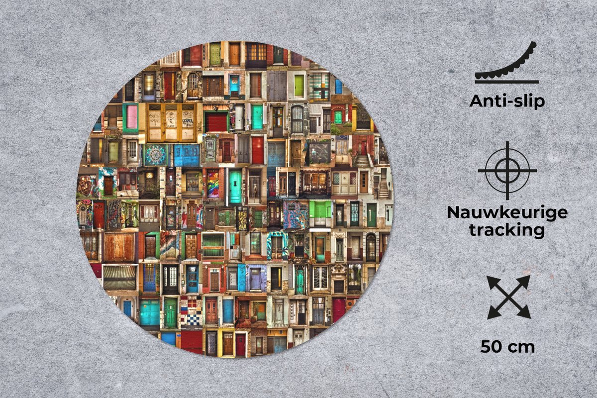 Muismat rond 50x50 cm - Mousepad Deuren - Kleurrijk - Collage - Architectuur - Ronde muismatten