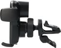 Zwarte telefoonhouder met ventilatorklem en verstelbare arm.
