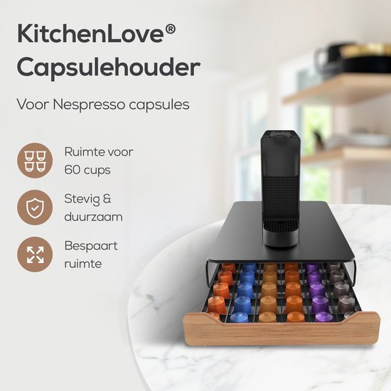 Zwarte capsulehouder voor 60 Nespresso cups, met een bamboe lade en een koffiezetapparaat erbovenop.