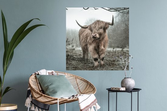 Muurstickers - Sticker Folie - Schotse Hooglander - Bos - Mist - Koe - Dieren - Natuur - 80x80 cm - Plakfolie - Muurstickers Kinderkamer - Zelfklevend Behang - Zelfklevend behangpapier - Stickerfolie
