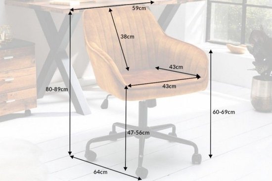 In hoogte verstelbare bureaustoel TURIN mosterdgeel fluweel met armleuning draaistoel - 40306