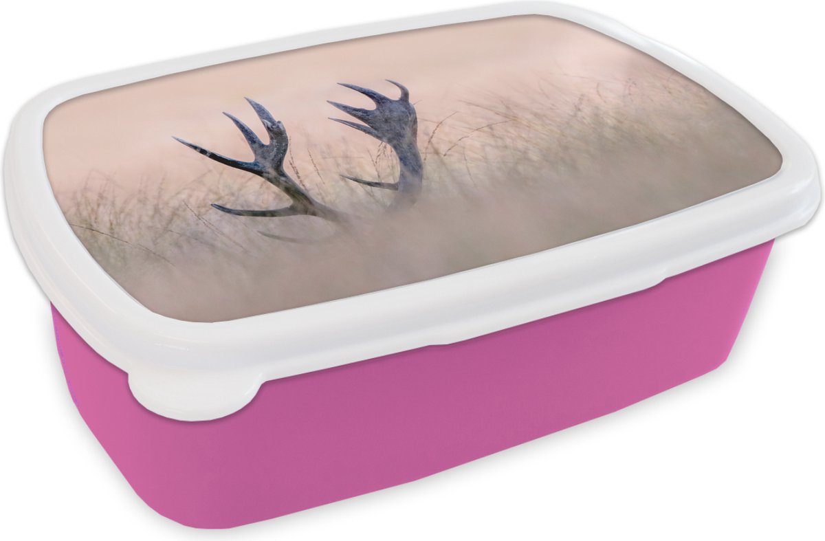 Broodtrommel Roze - Lunchbox - Brooddoos - Gewei - Hert - Gras - Natuur - 18x12x6 cm - Kinderen - Meisje