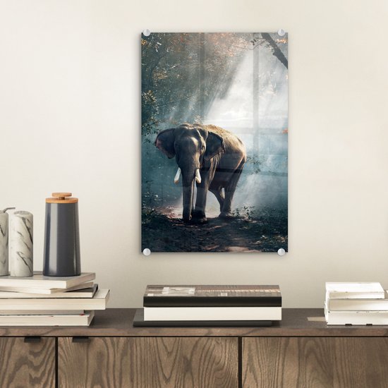 Peinture sur verre éléphant - Animaux sauvages - Forêt - Nature - Décoration murale verre - Décoration d'intérieur - 20x30 cm - Peinture verre - Décoration murale chambre