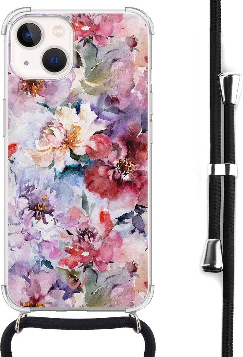 Casevibes - Telefoonhoesje met koord - Geschikt voor Apple iPhone 13 - Bloemen Acryl - Roze -