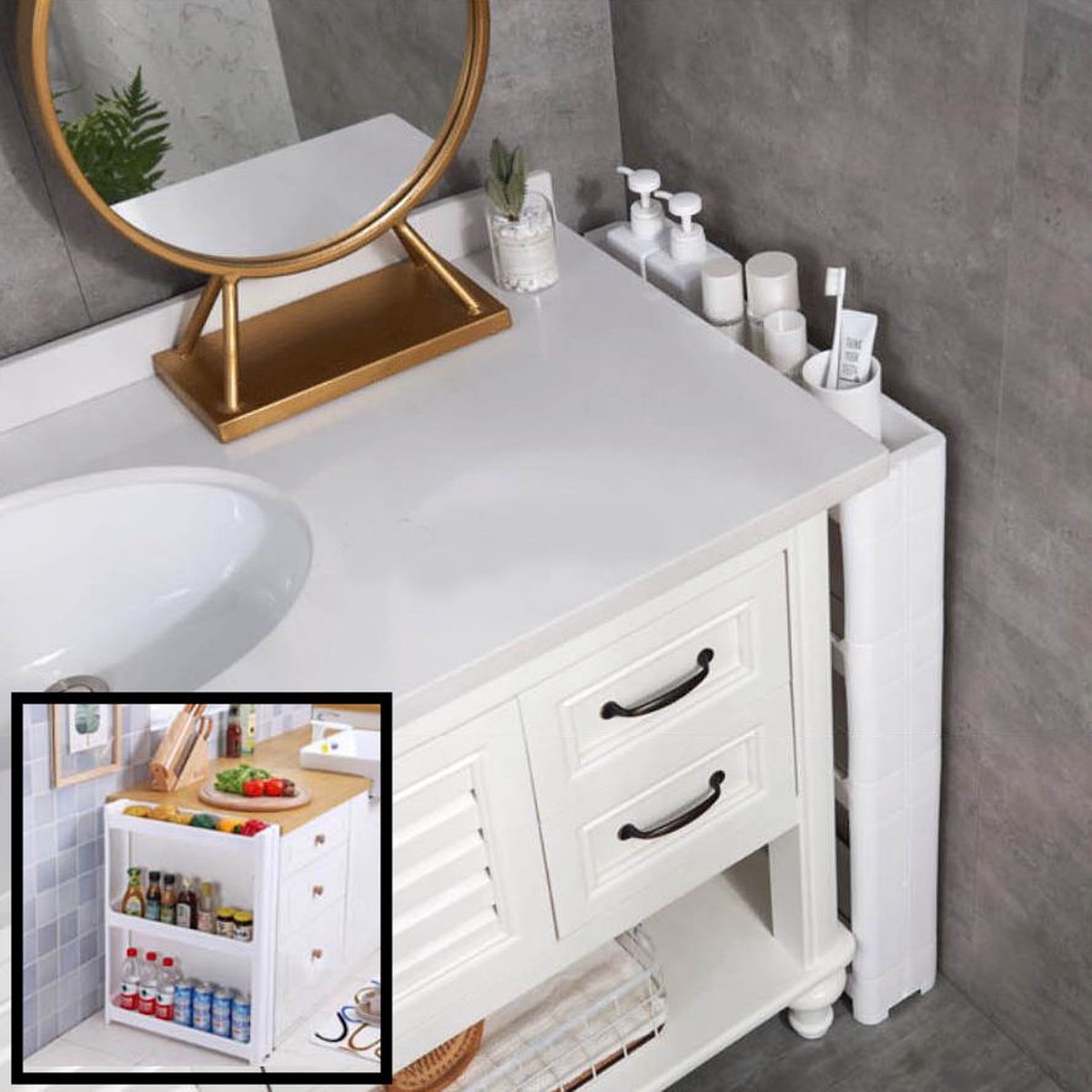 Bol.com Smal Keukenrek opbergrek 3 laags op Wieltjes met Vakken - Smalle kast - Keukentrolley met wielen - Badkamer - Nisrek aanbieding