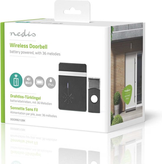 Nedis Draadloze Deurbelset - Batterij Gevoed - 3 V DC - 1x CR2032 - Volume: 80 dB - Signaalbereik: 300 m - IP44 - 36 Melodiën - 1 Ontvanger - Zwart — afbeelding 4