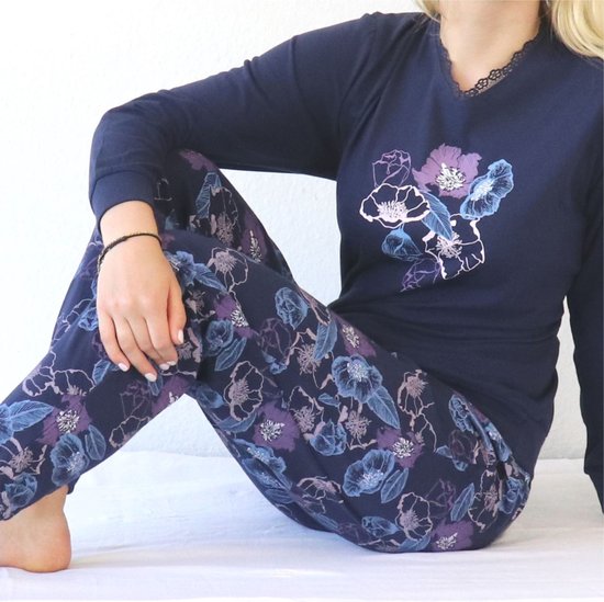 Medaillon Dames Pyjama - Bloemenprint - Blauw - Maat XXL