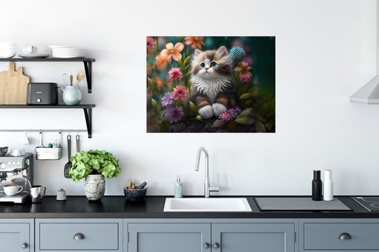 Poster Chaton - Illustration - Fleurs - Nature - Chat - 80x60 cm - Cadeau fille 7 ans