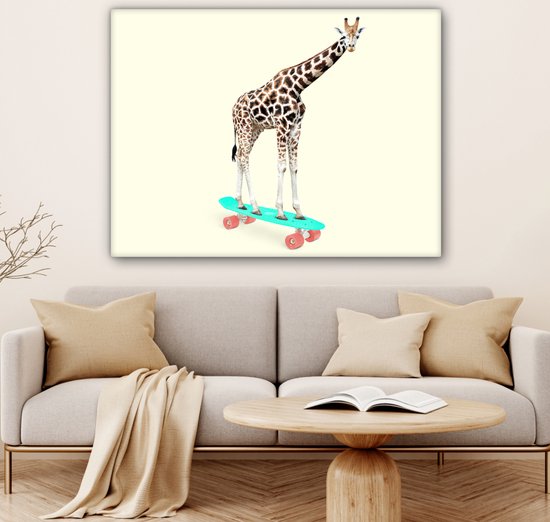 Canvas schilderij - Foto op canvas- Giraffe - Patroon - Skateboard - Roze - Dieren - 120x90 cm - Wanddecoratie