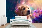 Behang - Fotobehang Hond - Puppy - Zon - Bloemen - Golden retriever - Breedte 320 cm x hoogte 240 cm