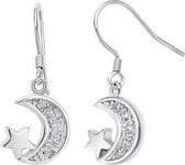 Fashionidea - Zilverkleurige oorbellen met zirkonia steentjes in de vorm van maan en sterren.