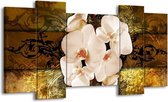 GroepArt - Schilderij - Orchidee - Bruin, Goud, Crème - 120x65 5Luik - Foto Op Canvas - GroepArt 6000+ Schilderijen 0p Canvas Art Collectie - Wanddecoratie