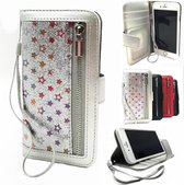 iPhone 6 Plus Zilveren Glitter met sterren Wallet / Book Case / Boekhoesje/ Telefoonhoesje met rits en hoesjeswebstylus