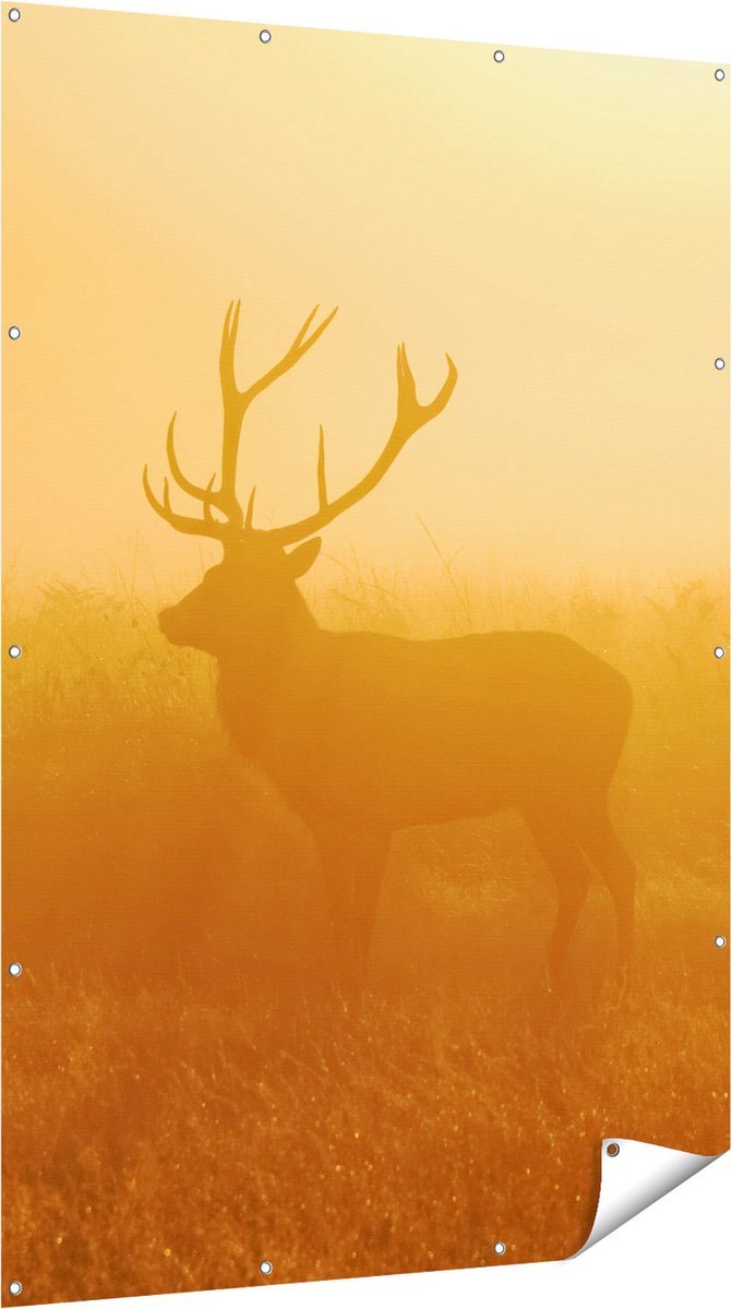 Gards Tuinposter Hert tijdens de Mist - 120x180 cm - Tuindoek - Tuindecoratie - Wanddecoratie buiten - Tuinschilderij Multikleur