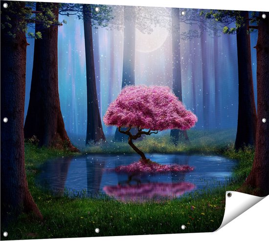 Gards Tuinposter Roze Boom op een Vijver in de Nacht - 120x90 cm - Tuindoek - Tuindecoratie - Wanddecoratie buiten - Tuinschilderij