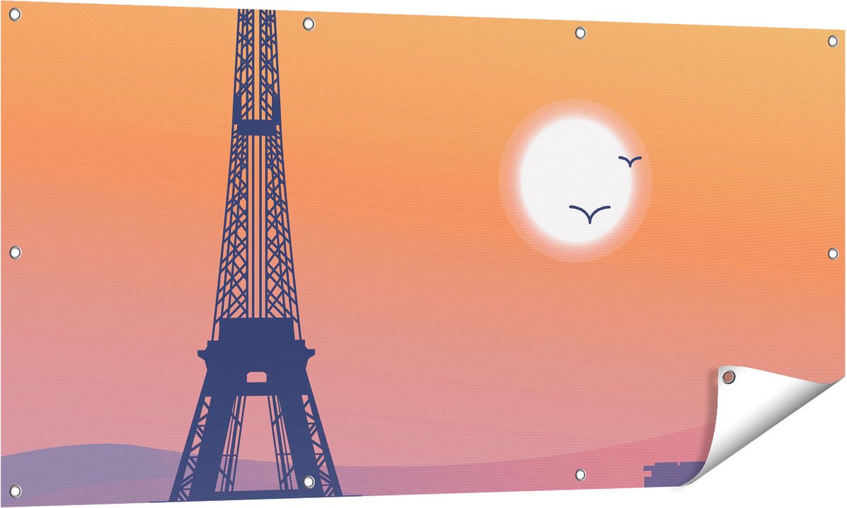 Gards Tuinposter Illustratie van de Eiffeltoren in Parijs - 140x70 cm - Tuindoek - Tuindecoratie - Wanddecoratie buiten - Tuinschilderij Multikleur