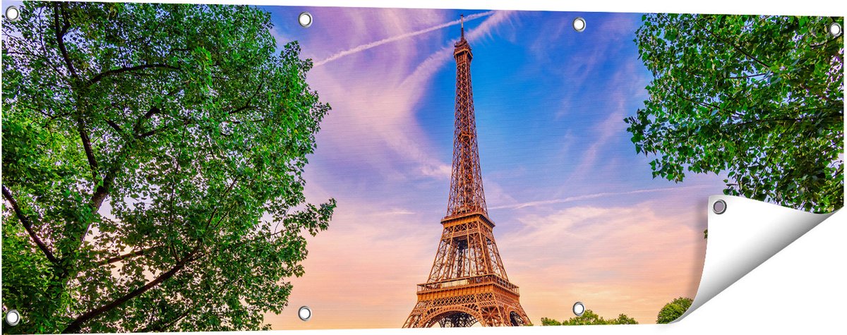 Gards Tuinposter Eiffeltoren in Parijs aan het Water - Kleur - 120x40 cm - Tuindoek - Tuindecoratie - Wanddecoratie buiten - Tuinschilderij Multikleur