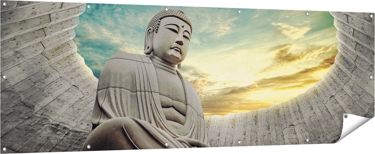 Gards Tuinposter Boeddha Beeld in het Park - 210x70 cm - Tuindoek - Tuindecoratie - Wanddecoratie buiten - Tuinschilderij Multikleur