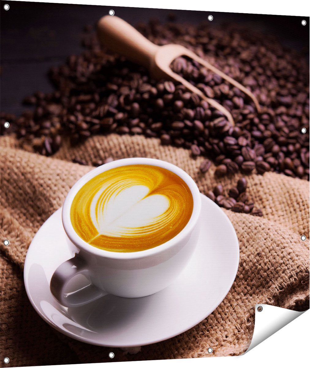 Gards Tuinposter Kopje Koffie in een Hartje met Koffiebonen - 110x110 cm - Tuindoek - Tuindecoratie - Wanddecoratie buiten - Tuinschilderij Multikleur
