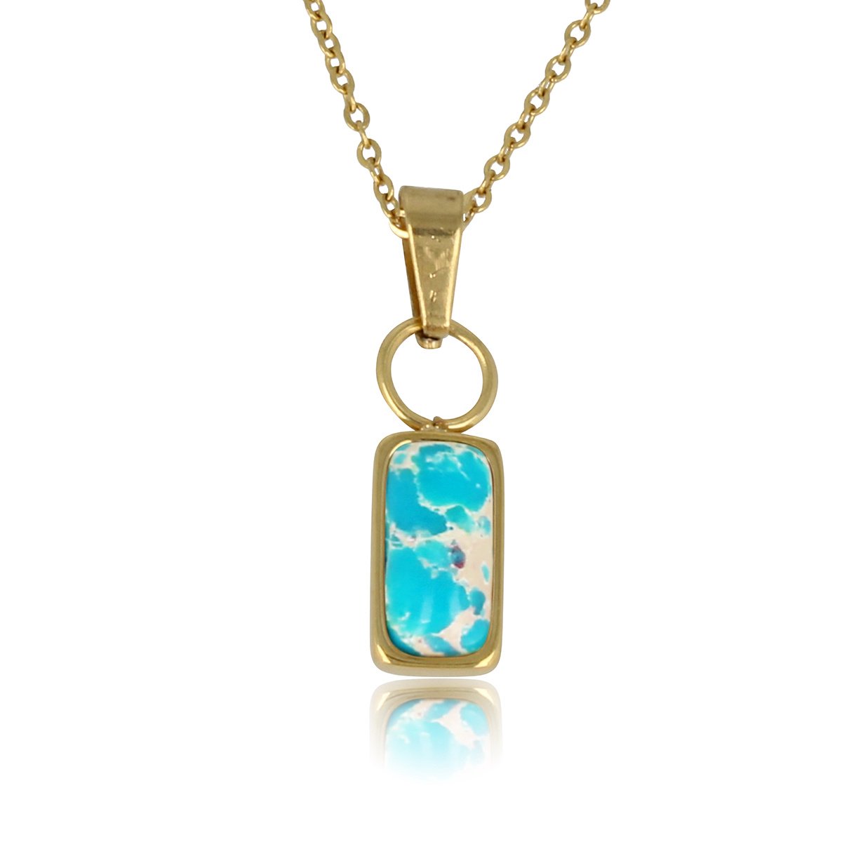 My Bendel - Ketting Goudkleurig met Smalle Blue Howlite Hanger - Goudkleurige Ketting met Smalle Imperial Jasper Hanger - met Luxe Cadeauverpakking | Sieraden Voor Dames