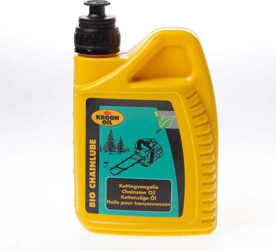 Gele fles kettingolie met zwart deksel. Label toont een illustratie van een kettingzaag in een bos en de tekst 'BIO CHAINLUBE'.
