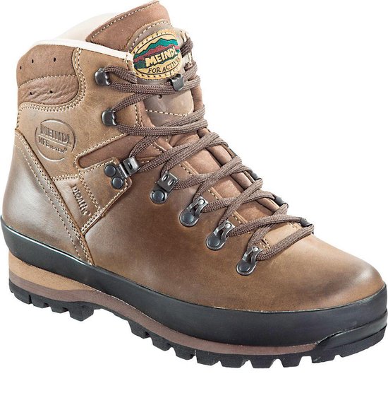 Bruine leren wandelschoen met veters, logo en dikke zool.
