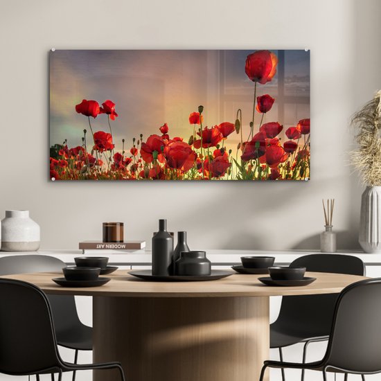 MuchoWow® Glasschilderij 80x40 cm - Schilderij acrylglas - Kleurrijke lucht boven een veld Klaprozen in Denemarken - Foto op glas - Schilderijen