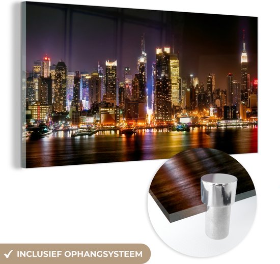 MuchoWow® Glasschilderij 120x60 cm - Schilderij acrylglas - New York - Skyline - Kleuren - Foto op glas - Schilderijen