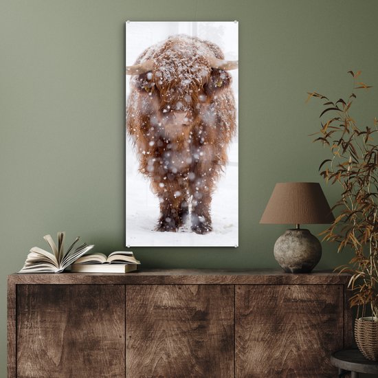 MuchoWow® Peinture sur verre 40x80 cm - Peinture acrylique sur verre - Highlander écossais - Vache - Neige - Photo sur verre - Peintures