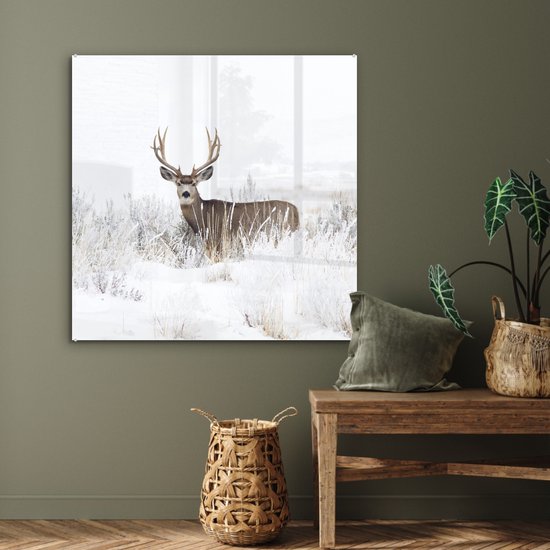 MuchoWow® Peinture sur Verre - Cerf - Hiver - Neige - Animaux - Saisons - Wit - 90x90 cm - Peintures sur Verre Acrylique - Photo sur Glas