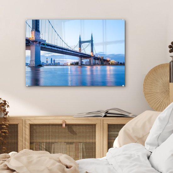 ® Glasschilderij 60x40 cm - Schilderij acrylglas - De brug over de rivier die naar Harbin loopt - Foto op glas - Muurdecoratie woonkamer - Wanddecoratie slaapkamer - Schilderijen
