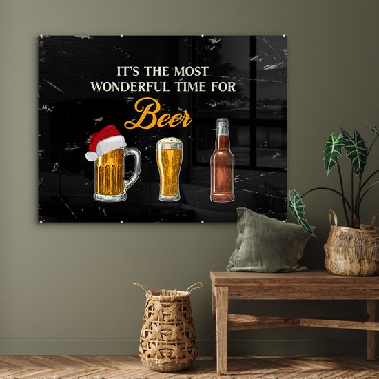 MuchoWow® Peinture sur Verre - Noël - Bières - C'est le moment le plus merveilleux pour la bière - Bonnet de Noel - Proverbes - Citations - 120x90 cm - Peintures sur Verre Acrylique - Photo sur Glas