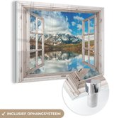 MuchoWow® Glasschilderij 120x80 cm - Schilderij acrylglas - Doorkijk - Berg - Water - Foto op glas - Schilderijen